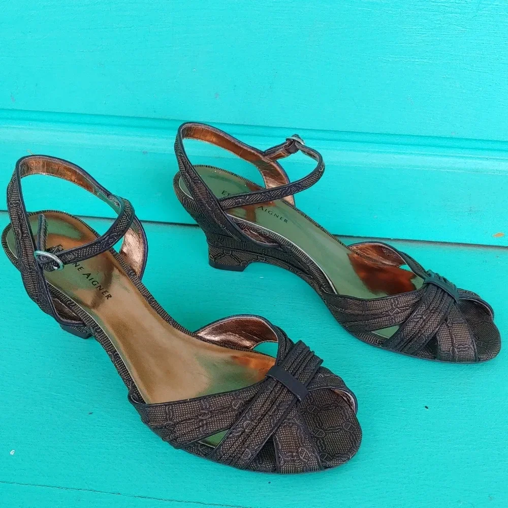 Etienne Aigner Signature Open Toe Ankle Strap Wedges Size Women's 7